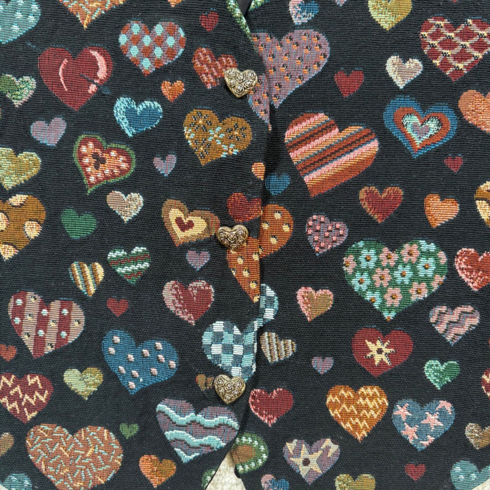 Facets Tapestry Vest Women's 1X Black Heart Print Vintage Metal Button Front - Picture 4 of 9